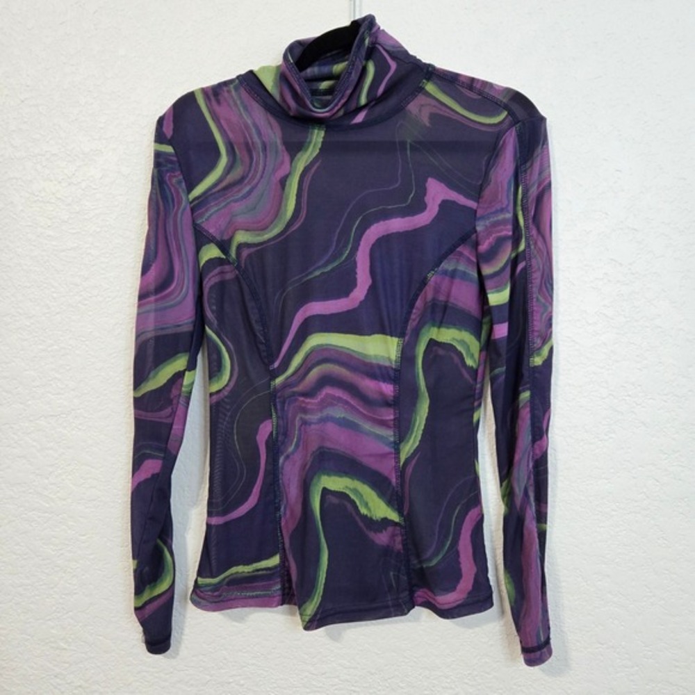 Fabletics S‎ Purple Green Marble Print Mesh Top Long Sleeve Turtleneck Festival